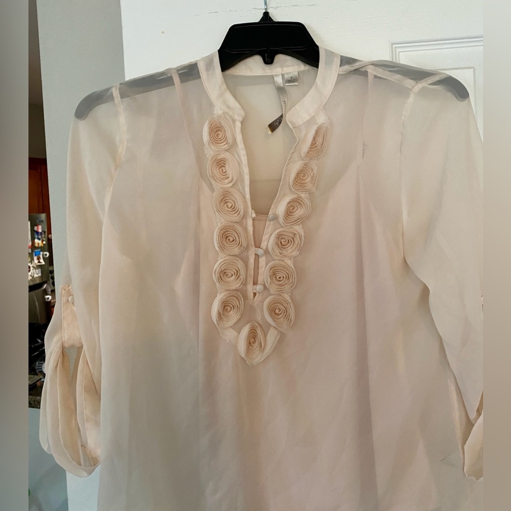 Cream/Blush adjustable Sleeve Sheer Blouse w/matching Cami. Rosettes in front